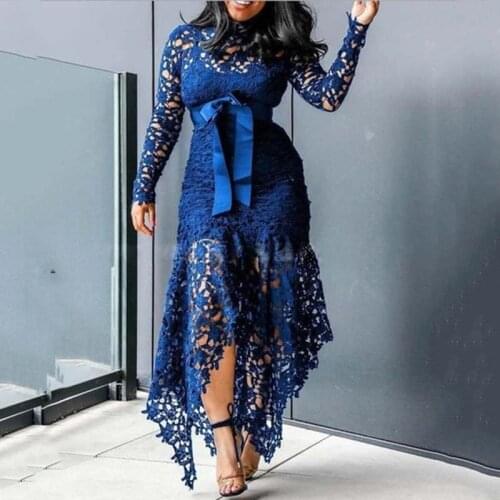 Dress Women Lace Hollow Out Long Sleeve Patchwork Hem Irregularity Dress High Waist Fashion Sexy Midi Dresses Woman Dresses Robe