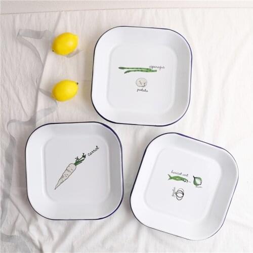 25cm British Retro Pastoral Style Breakfast Thick Cutlery Dish Enamel Baked Rice Plate Baking Tray