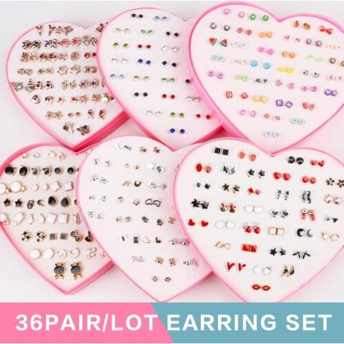 36Pair/lot Multi-style Colorful Animal Heart Star Moon Geometric Crystal plastic Stud Earring Set For Women Girls Jewelry Gifts