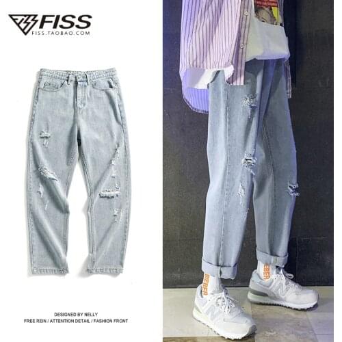 Wide Leg Pants Mens Solid Color Straight Jeans Casual Oversize Woman Denim Pants Korean Streetwear Man Ankle-Length Baggy Jeans