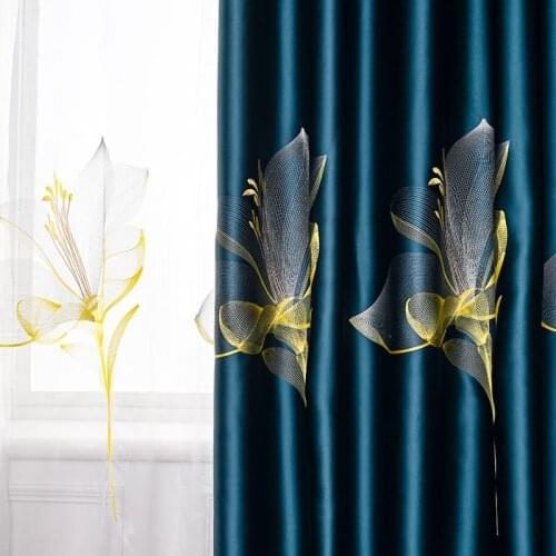 Royal Satin Impression Lily Embroidered Curtains for Living Room Bedroom Study High Shading High-end Nordic Curtain Tulle Custom