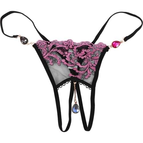 Sexy Women Embroidery Flowers G-String Underwear Lady Net Yarn Lace Briefs Water Drop Pendant Thongs