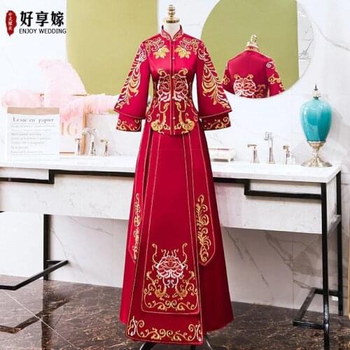 Wedding Dress Female Gown Slim Floral Embroidery Cheongsam Chinese Traditional Bride Clothing Red Evening Gown Robe