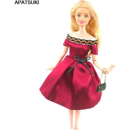 Wine Bowknot Fashion Doll Dress For Barbie Doll Clothes Off Shoulder Dresses Clothes For 1/6 BJD Dolls Outfits Accessories Toys