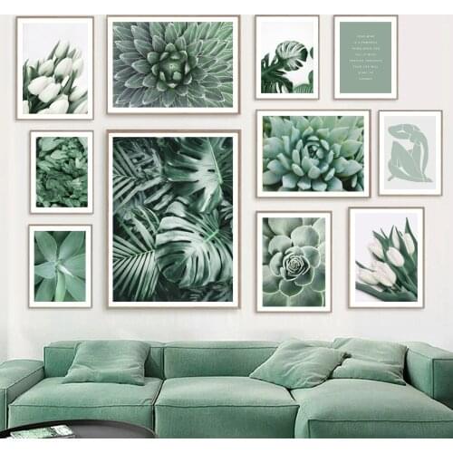 Green Botanical Tulip Monstera Palm Leaf Agave Cactus Wall Art Print Canvas Painting Nordic Poster Decor Picture For Living Room