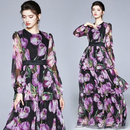 Women Purple Chiffon Dress Summer 2021 New Elegant Fashion Tulip Print O-Neck Long Sleeve Elastic Waist Cake Dress Party Dress