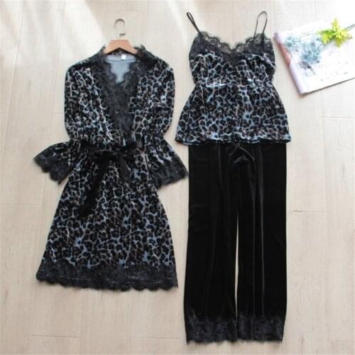 Women Leopard Velvet 3PCS Sleepwear Set Autumn Pajama Suit Sexy lace Trim Nightwear Bride Wedding Robe Intimate Lingerie