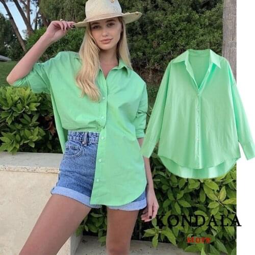 Za 2021 Chic Green Oversized 100% Cotton Shirts Women Single Button V Neck Solid Long Shirts Casual Fashion Blouses Elegant Tops