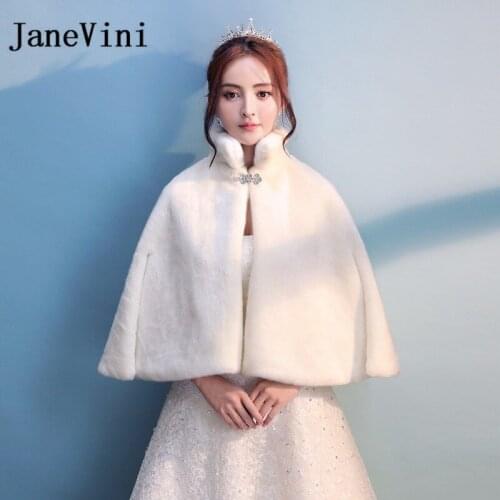 JaneVini 2018 Elegant White Faux Fur Wraps and Shawls Plus Size Winter Women High Neck Beaded Boleros Jacket Bridal Cloak Warm