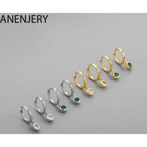 ANENJERY 925 Sterling Silver Simple Green Zircon Hoop Earrings for Women Elegant Small Earrings Friends Gifts S-E1404