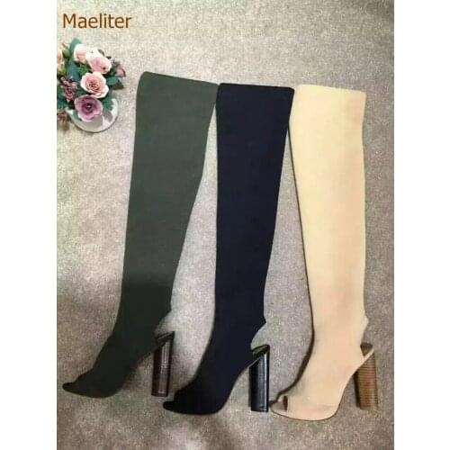 Ladies Chic Stylish Stretch Fabric Boots High Heels Cut-out Boots Open Toe Knitting Boots Beige Black Army Green Sexy Dress Shoe