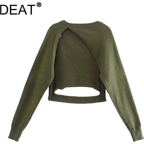 [DEAT] 2021 Autumn New Fashion Tide Round Neck Long Sleeve Asymmetry Hollow Out Knitting Pullover Sweater Women 13Z681