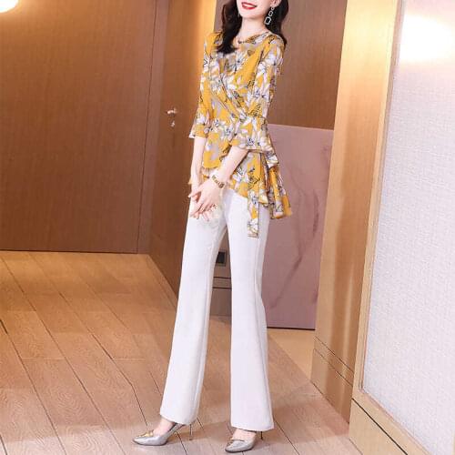 Summer Suit Female Print Chiffon Women Sets 2021 New Fashion V-Neck Irregular Hem Tops & Flare Pants 2 Piece Pantsuits Oversize