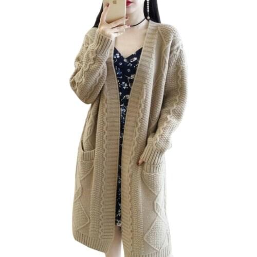 Womens Medium-long Sweater Cardigan Long Sleeve V-neck Pull Jumpers 2021 Autumn Winter Warm Knit Open Stitch Jacket