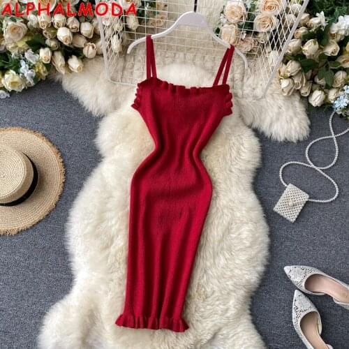 ALPHALMODA Sparkling Shining Knit Dress Pullovers Female Summer Laziness-Style Strapped Dress Above Knee Bodycon Dress