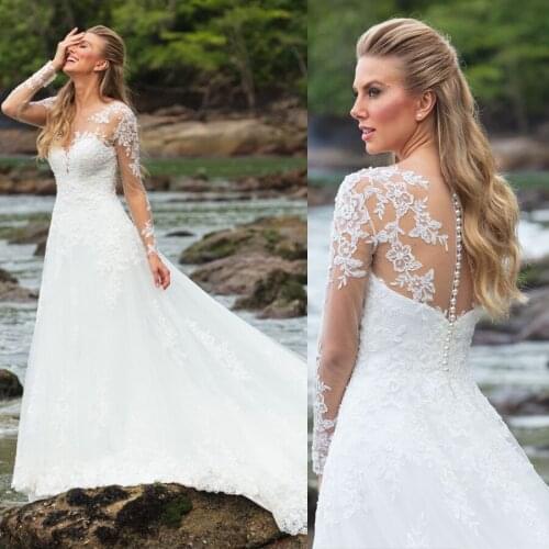 A-line Sweetheart Long Sleeves Beach Wedding Dress with Lace Applique vestidos de boda para novia Customized Bridal Dress