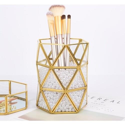 Metal Copper Geometric Makeup Brush Cartridge Retro Pack Bottle Glass Box Office Pen Holder