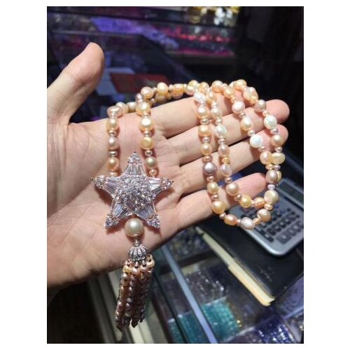 Free shipping Jewelry long 8-9 mm natural south sea white pink Purple pearl necklace micro inlay zircon pendant