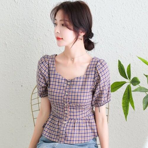 Plaid Tunics Korean Fashion Summer WomenS Clothing Short Sleeve Vintage Shirts Blouses Top New Vetement Femme 2021 Female