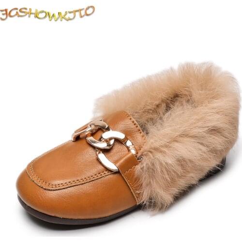 JGSHOWKITO Kids Leather Shoes 2021 Autumn Winter Girls Flats With Thick Cotton Warm Children Boy Black Loafers Fashion Hairy Fur