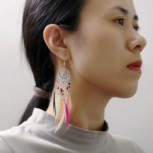 European and American Cross-Border Creative Retro Pierced Engraved Seven Color Rice Beads Feather Earrings Wish National