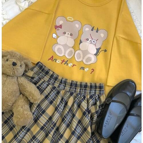 "Twins Bear" Sweet Womens Cotton T-Shirt Loose Tee Blouse Short Sleeve Summer Tops Cute Girls Yellow Gray