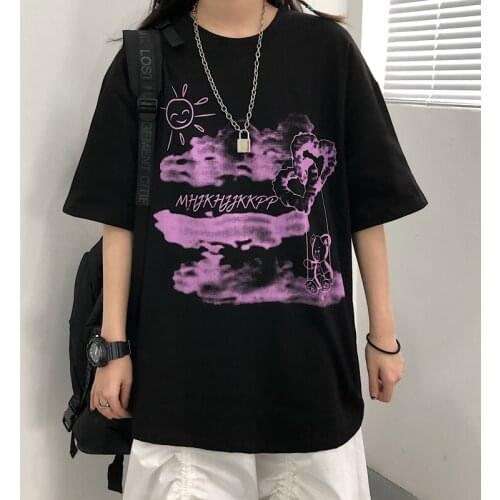 Summer retro personality cartoon printing short-sleeved printed t-shirt female half-sleeved loose top T-shirt all-match female