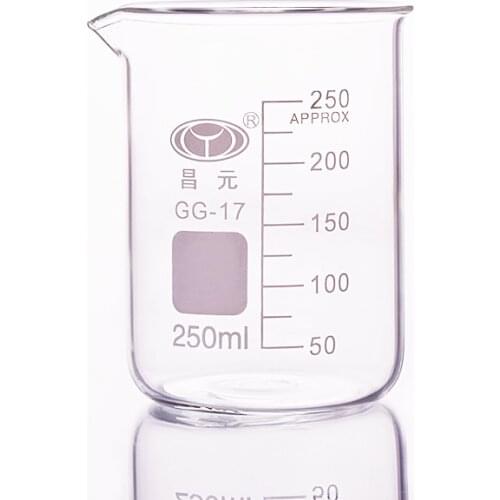 Beaker in low form,Capacity 250ml,Outer diameter=70mm,Height=95mm,Laboratory beaker