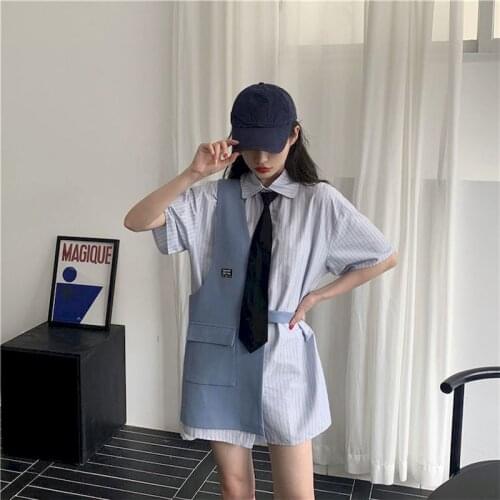 2021 Summer New Womens Design Sense Vest Shirt Suit Womens Mid-length Shirt Niche Loose Blouse Single-sided Vest 2 Piece Sets