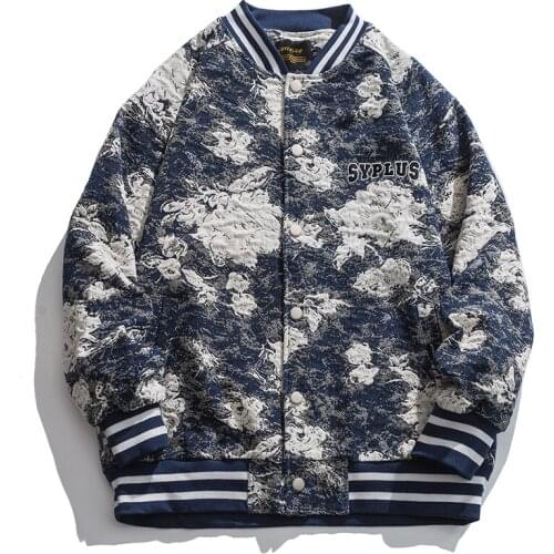 2021 Autumn Long Sleeve Jacquard Jacket Fashion Street Casual Loose Coats Men Single Breasted Outerwear Blue Clothing S-2XL