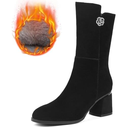 Autumn Winter Modern Boots Mid-Calf High Heels Elegant Boot Short Plush Warm Wool Black Women Low Heels Female Shoes Lady A2