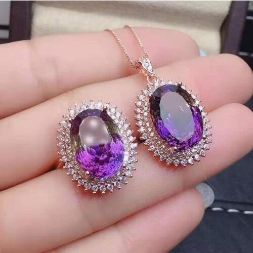 High-quality amethyst S925 ring pendant necklace set classic luxury for wedding and anniversary gifts