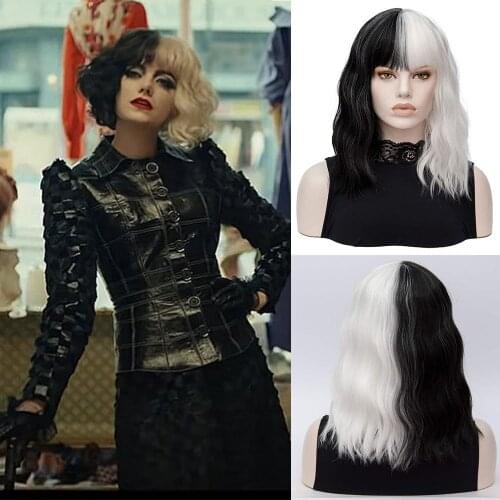 Black And White Wigs For Cruella Deville Costume Cosplay Women Short Curly Wavy Bob Hair Wig Cute Heat Resistant Synthetic Wigs
