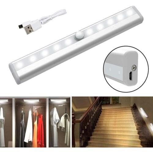 USB PIR Motion Sensor Lights Rechargeable Lamp 10 LED Cabinet Light Under Counter Closet Lighting Magnetic Stick-on Night Light