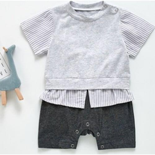 Casual Baby Boy Rompers Short Sleeve Fake Two Pieces Stripe Jumpsuit Clothes Rompers Summer Kids Baby Boy Clothes Rompers 0-3Yrs