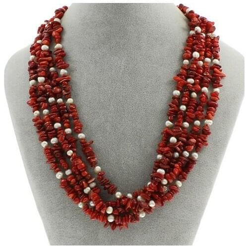 Selling Jewelry>>Natural Coral Necklace,designers Freshwater Pearl, brass lobster clasp, 5-strand, 3x8mm-5x12x6mm