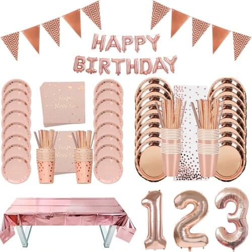 Rose Gold Party Disposable Tableware Paper Cup Plate Napkins Birthday Party Decorations Wedding Supplies Baby Shower Favors