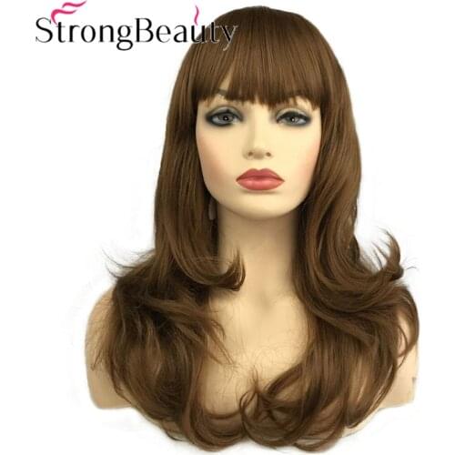 StrongBeauty Long Wavy Wigs with Neat Bang Women Synthetic Hair Natural Wig 2 Colors for Choose