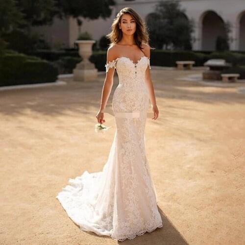 Backless Wedding Dresses Mermaid Off The Shoulder Tulle Lace Boho Dubai Arabic Wedding Gown Bridal Dress Vestido De Noiva