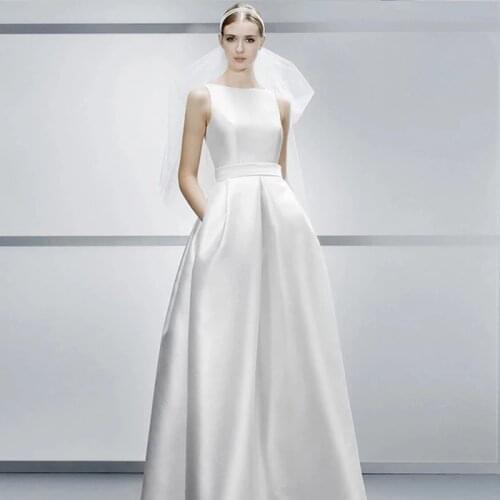 Weiyin White A-line Backless Wedding dress silk satin show thin with pocket new European and American Elegant wedding gown