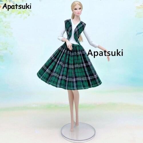 Green Plaided Fashion Doll Outfits For Barbie Doll Clothes Set Vest Coat & Dress 1/6 Dolls Accessories Toys For Children