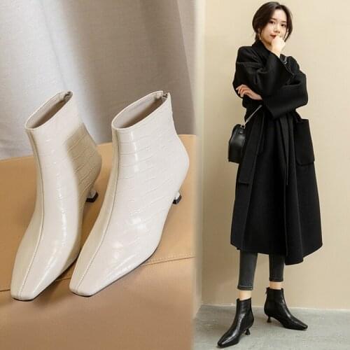 Hot Genuine Leather Stretch Boots Fashion Ankle Boots Stone Pattern ZIP Women Boots Concise Square Toe Thin Heels Women Shoes