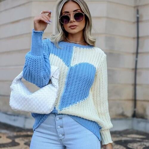 QINJOYER Women Knitted Sweater Pullover O-Neck Sweater Long Sleeve Women Heart Patchwork Sweater Winter Casual Pullovers Girls
