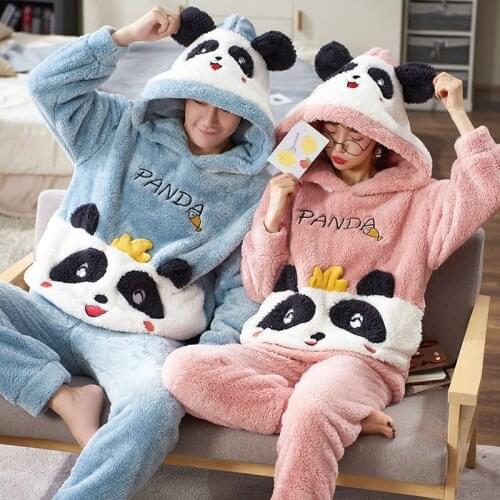 Winter Thicken Couples Pajamas Sets Women Men Pyjamas Sleepwear Cartoon Panda Korean Lovers Homewear Soft Warm Pijama Hoodies