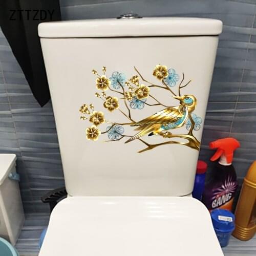 ZTTZDY 26.5×19.4CM Stylish Golden Flower Branch Bird Wall Sticker Personality Toilet WC Decoration T2-1175