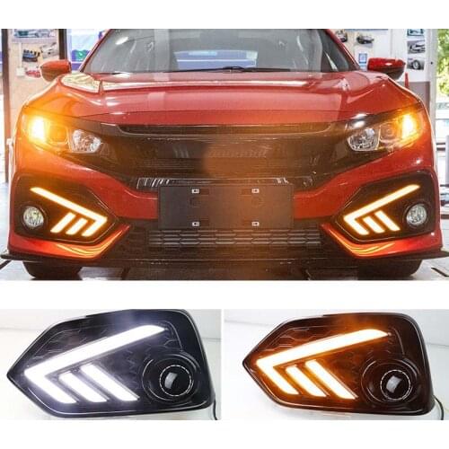 12V LED Daylights DRL FIT For Civic Hatchback 2016 - 2020 Yellow Turn Signal Car Headlight Daytime Running Light Fog Lamp