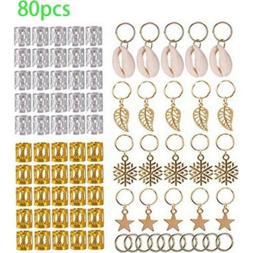 80Pcs Women Girls Dreadlocks Beads Hair Braid Rings Clips DIY Braiding Metal Cuffs Jewelry Pendants Hair Decoration Accessories