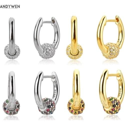 ANDYWEN 925 Sterling Silver Rainbow Colorful Beads Hoops 9mm Huggies Dangle Circle Piercing Pendiente Women Luxury CZ Zircon