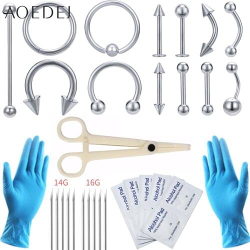 AOEDEJ Professional Piercing Navel Tool Kit Stainless Steel Belly Ring Tongue Tragus Nipple Lip Eyebrow Nose Body Jewelry