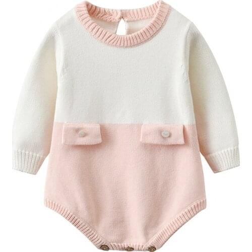 0-24M Newborn Infant Kids Baby Girls Bodysuits Long Sleeve Knit Patchwork Jumpsuits Autumn Winter Clothes